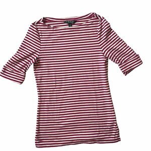 Lauren Ralph Lauren Womens S Stripe Pink Boatneck Cuffed Half Sleeve Tee T Shirt